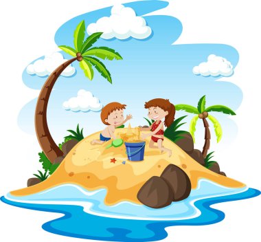 Çocuklar ada resimlerinde kumdan kale yapıyorlar.