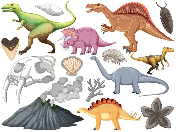 Ensemble Différentes Illustrations Préhistoriques Animaux Dinosaures — Image vectorielle