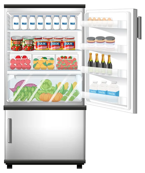 Kühlschrank Mit Vielen Lebensmitteln Illustration — Stockvektor