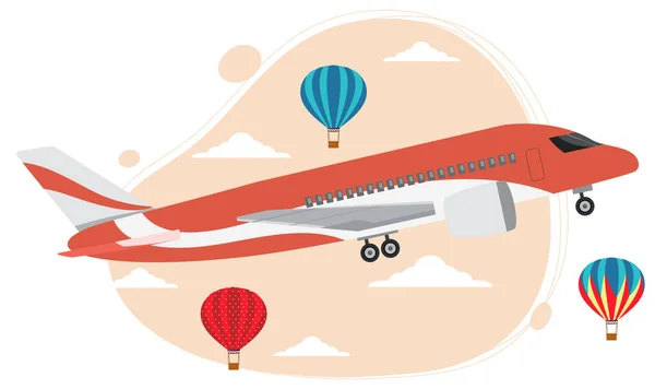 Letadlo Obloze Balónem Plochém Stylu Ilustrace — Stockový vektor