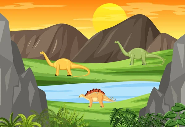 Natuur Scène Met Bomen Bergen Met Dinosaurus Illustratie — Stockvector