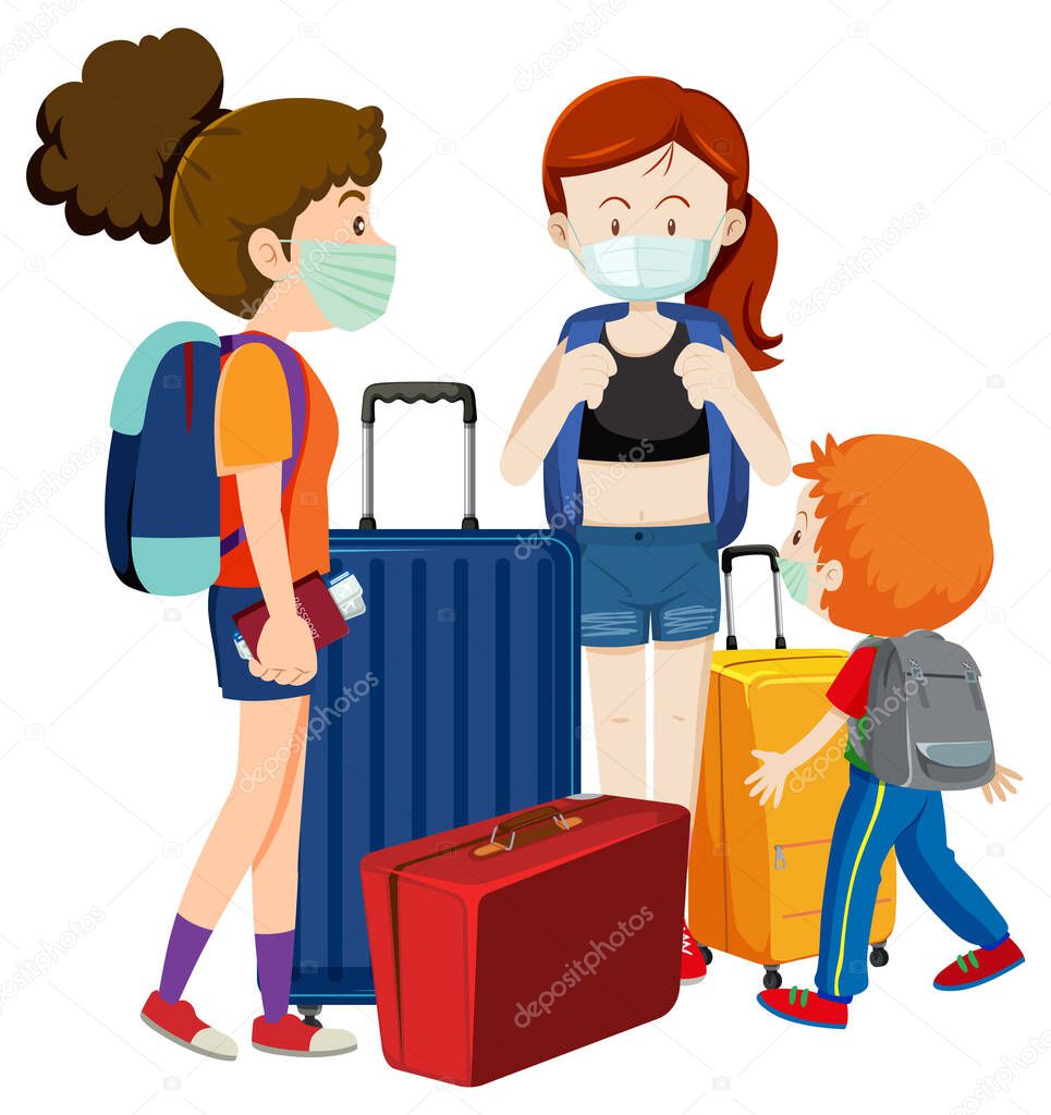 Travellers wearing masks standing with their luggages illustration