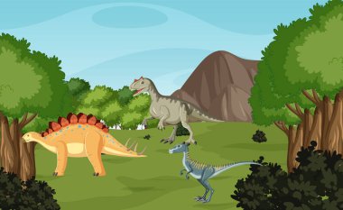 Dinozor resimli dağlardaki ağaçların olduğu doğa sahnesi