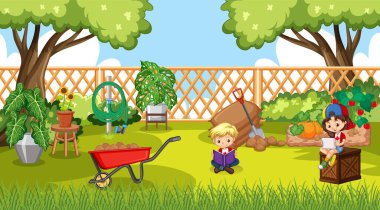 Park illüstrasyonunda çocukların olduğu sahne