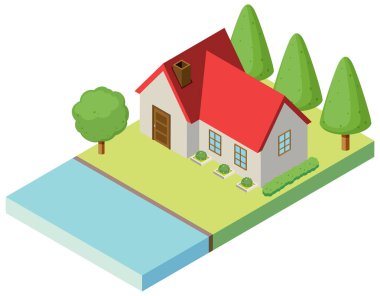 Isometric karada ağaç resimli bir ev