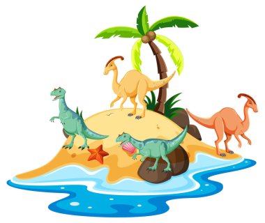 Ada illüstrasyonunda dinozorlar, parasaurolophus ve karnotaurus sahnesi.