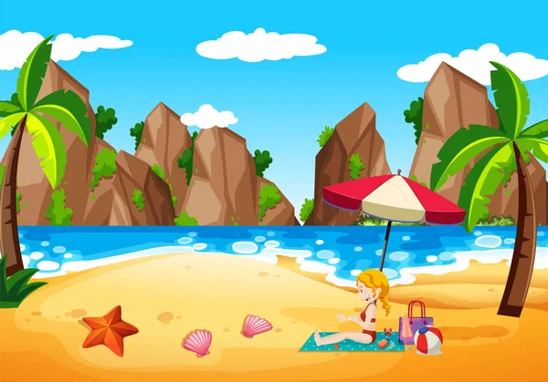 Escena Playa Tropical Con Ilustración Personas — Archivo Imágenes Vectoriales