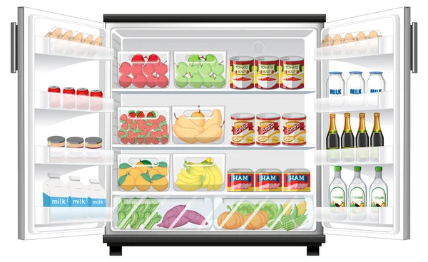 Kühlschrank Mit Vielen Lebensmitteln Illustration — Stockvektor
