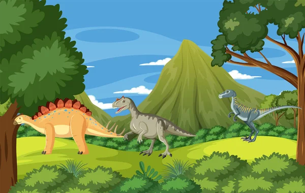 Bosque Prehistórico Con Ilustración Dibujos Animados Dinosaurios — Archivo Imágenes Vectoriales