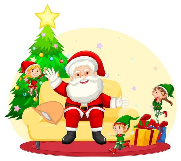 Weihnachtsmann Feiert Weihnachten Mit Elfen Illustration — Stockvektor