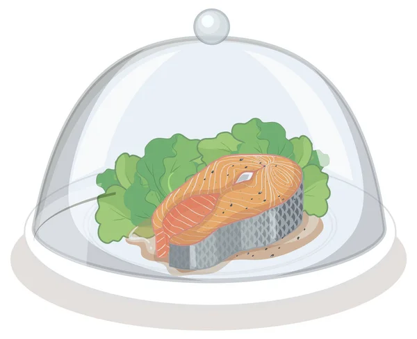 Fischsteak Und Salat Auf Dem Teller Mit Glasabdeckung Auf Weißem — Stockvektor