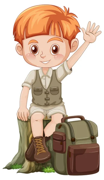 バックパックイラスト付きのキャンプ衣装の小さな男の子 — ストックベクタ