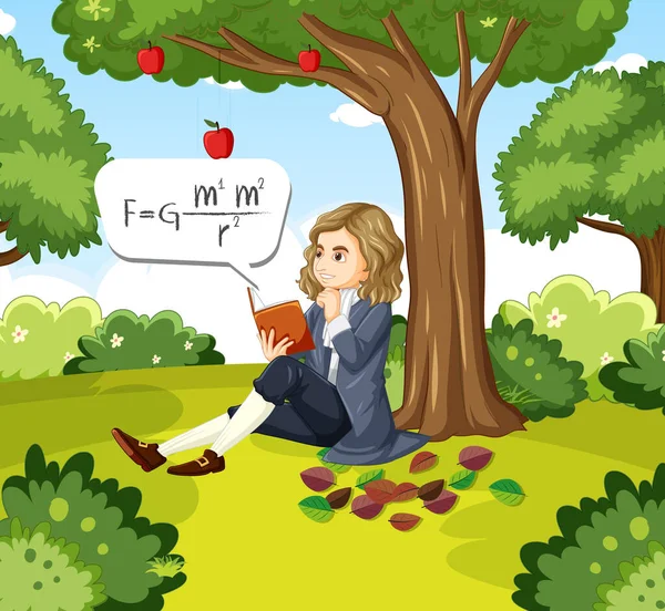 Isaac Newton Seduto Sotto Illustrazione Melo — Vettoriale Stock