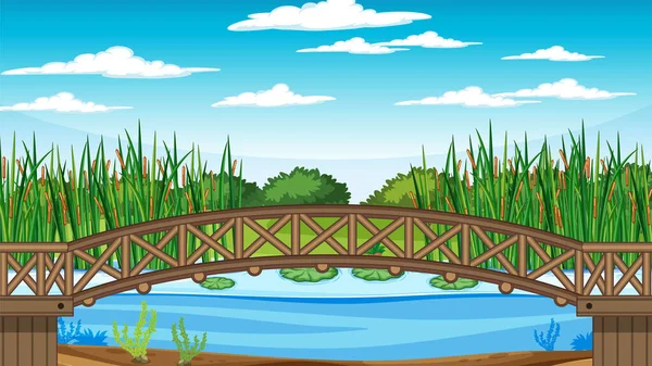 Szene Mit Holzbrücke Über Teich Illustration — Stockvektor