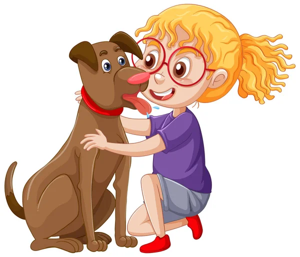 Happy Girl Sitting Floor Pets Dog Illustration — Stock Vector