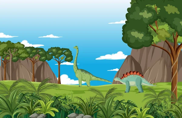 森林图解中的恐龙场景 — 图库矢量图片