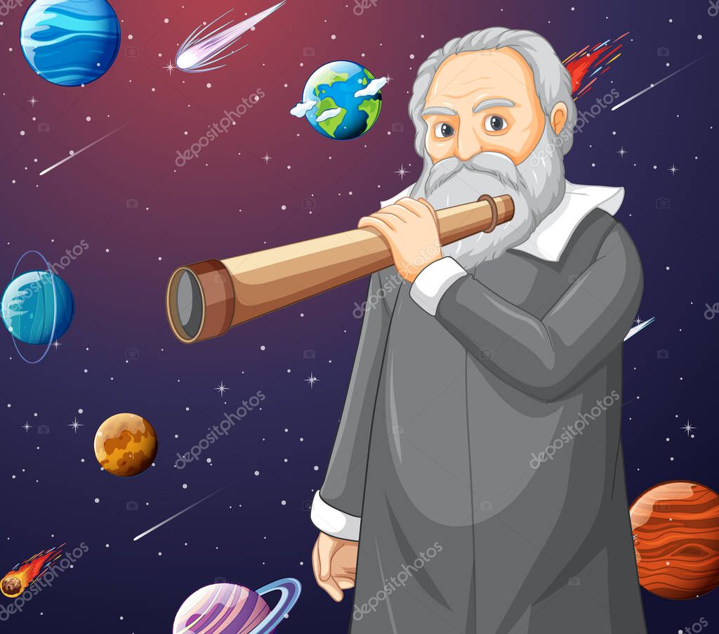 Portrait of Galileo Galilei in cartoon style illustration