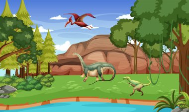 Dinozor resimli dağlardaki ağaçların olduğu doğa sahnesi