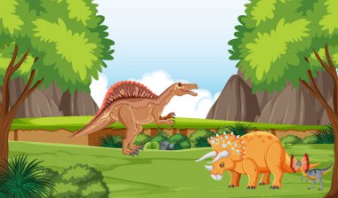 Dinozor resimli dağlardaki ağaçların olduğu doğa sahnesi