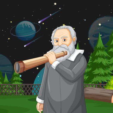 Çizgi film stilinde Galileo Galilei 'nin portresi