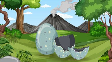 Orman illüstrasyonunda dinozorların oynadığı sahne