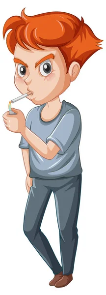 Teenager Chlapec Kouření Cigarety Kouření Kreslený Znak Bílém Pozadí Ilustrace — Stockový vektor