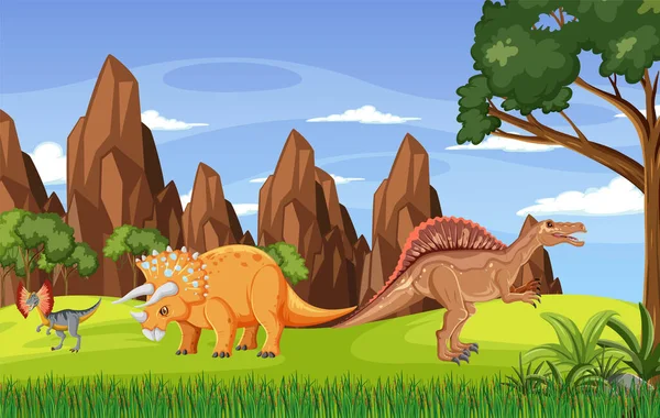 Природа Сцени Деревами Горах Ілюстрацією Динозавра — стоковий вектор