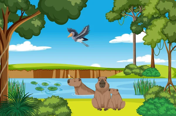 Capibara Che Vive Nella Natura Stagno Illustrazione — Vettoriale Stock