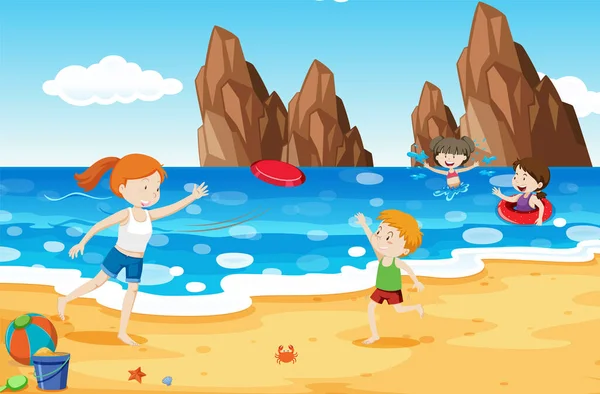 夏天在海滩玩耍的孩子们插图 — 图库矢量图片