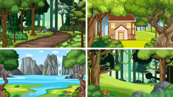 Nature Scene Many Trees Lake Illustration — Stock Vector