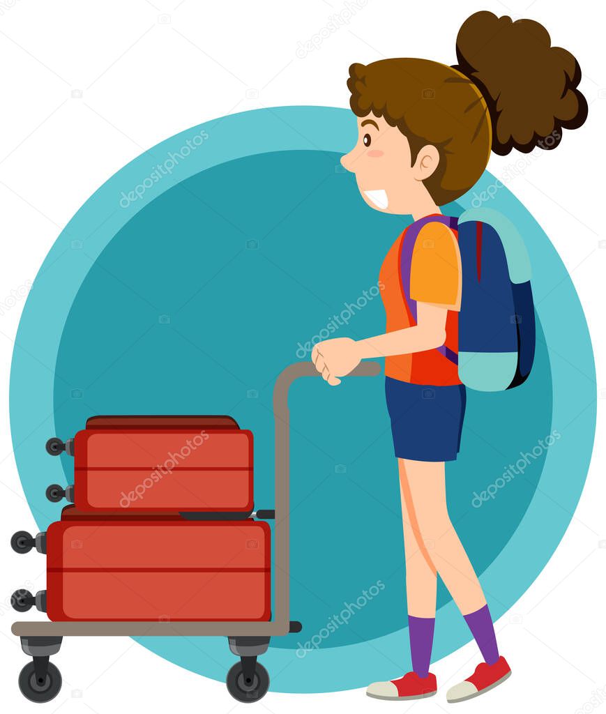 Happy girl pushing cart with luggages illustration