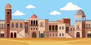 Çöl illüstrasyonunda kahverengi binalı sahne