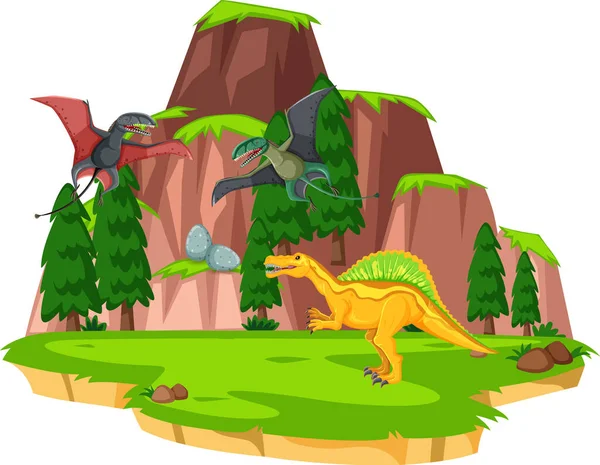 Adegan Dengan Ilustrasi Pteranodon Dan Spinosaurus - Stok Vektor