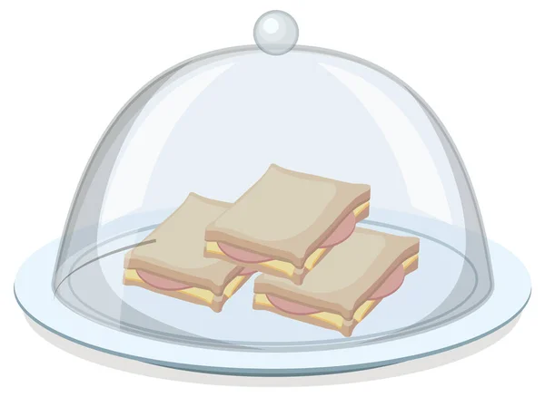 Sandwich Auf Rundem Teller Mit Glasabdeckung Auf Weißem Hintergrund — Stockvektor