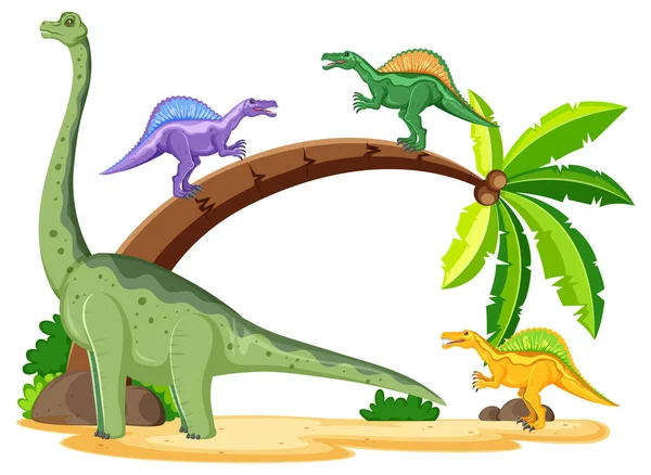 Escena Con Dinosaurios Brachiosaurus Spinosaurus Ilustración Isla — Vector de stock