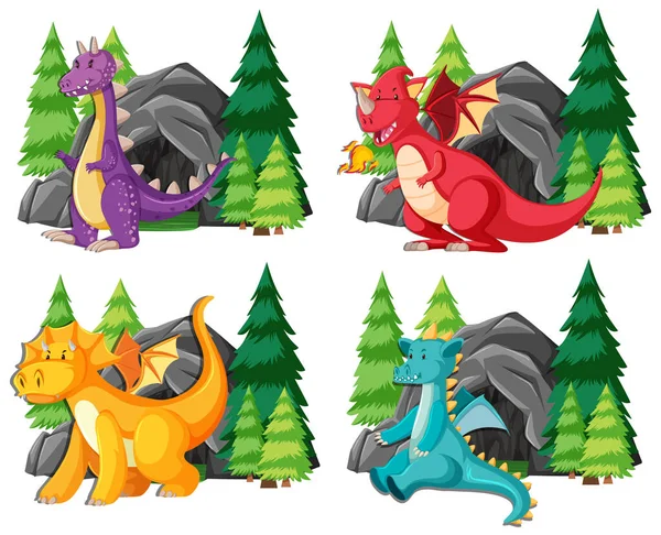 Ensemble Dragons Par Grande Illustration Grotte — Image vectorielle