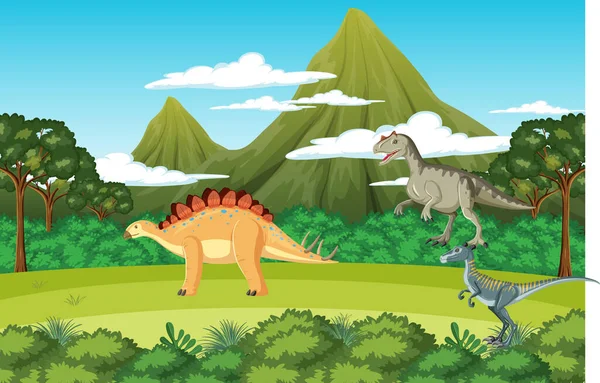 Dinoszaurusz Őskori Erdei Jelenet Illusztrációjában — Stock Vector