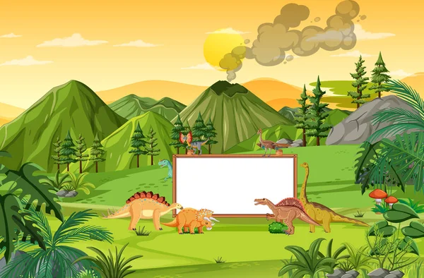 Scena Przyrodnicza Drzewami Górach Tablicą Ilustracją Dinozaurów — Wektor stockowy
