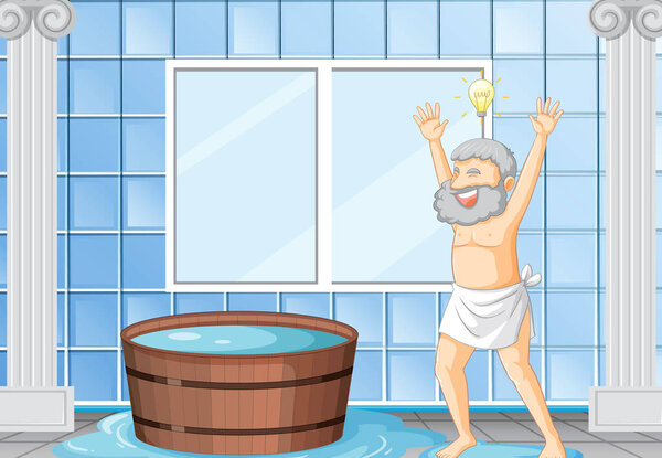 Happy Archimedes with bathtub illustration