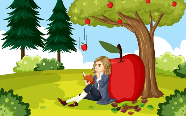 Isaac Newton Κάθεται Κάτω Από Την Εικόνα Μηλιά — Διανυσματικό Αρχείο