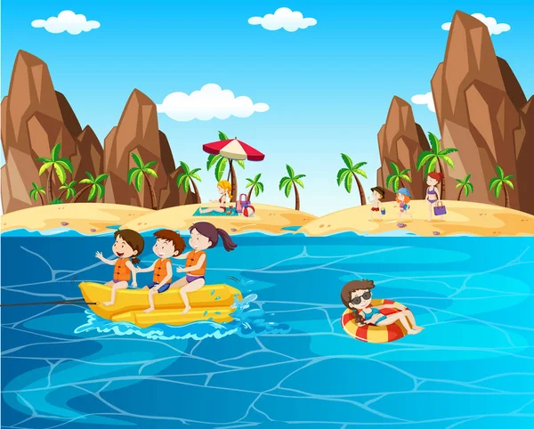 Scena Con Bambini Che Nuotano Nell Oceano Illustrazione — Vettoriale Stock
