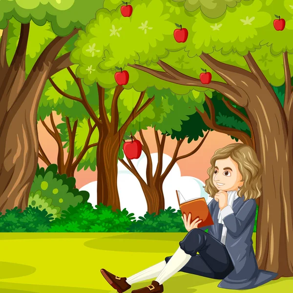 Isaac Newton Sentado Sob Ilustração Macieira — Vetor de Stock