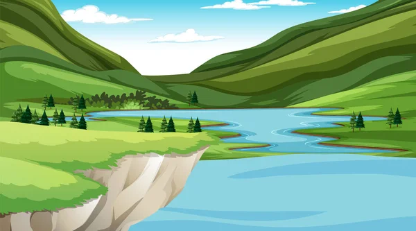 Escena Naturaleza Con Muchos Árboles Ilustración Del Lago — Vector de stock