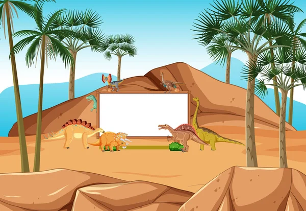 Escena Con Dinosaurios Pizarra Bosque Ilustración — Archivo Imágenes Vectoriales