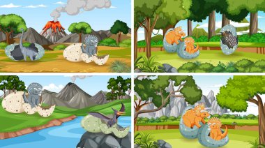 Dinozor karikatürü resimli farklı tarih öncesi orman sahneleri.