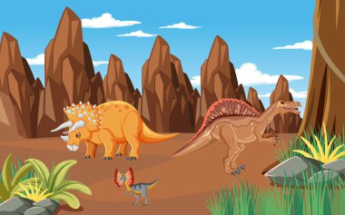Orman illüstrasyonunda dinozorların oynadığı sahne