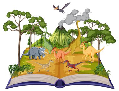 Orman illüstrasyonunda dinozor sahneleri olan bir kitap.