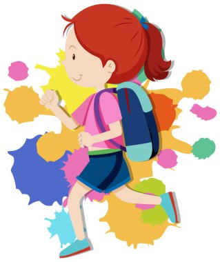 Sırt çantalı mutlu kız çizimi yapıyor.