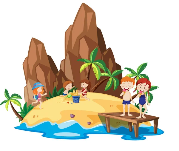 Bambini Che Giocano Spiaggia Illustrazione — Vettoriale Stock