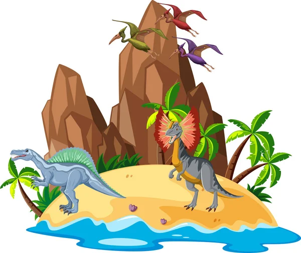 Scena Dinozaurami Ilustracji Wyspy — Wektor stockowy